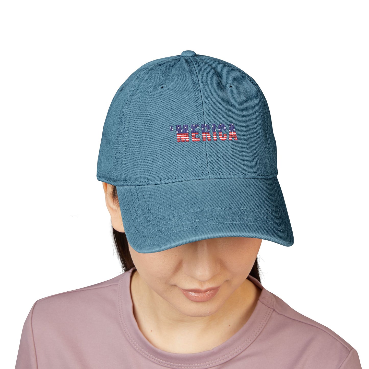 Embroidered 'MERICA Flag Text Denim Hat — Patriotic Adjustable Baseball Cap