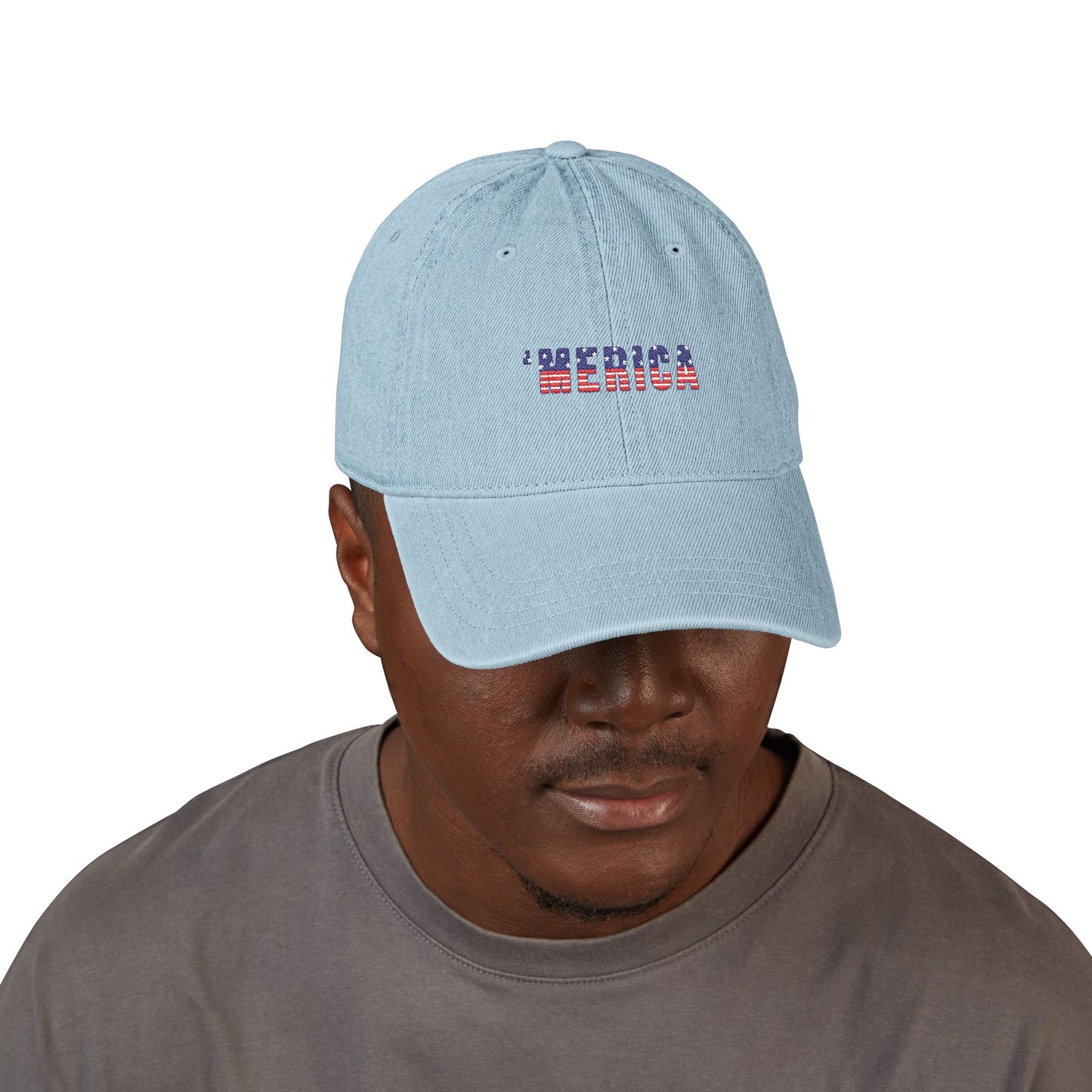 Embroidered 'MERICA Flag Text Denim Hat — Patriotic Adjustable Baseball Cap