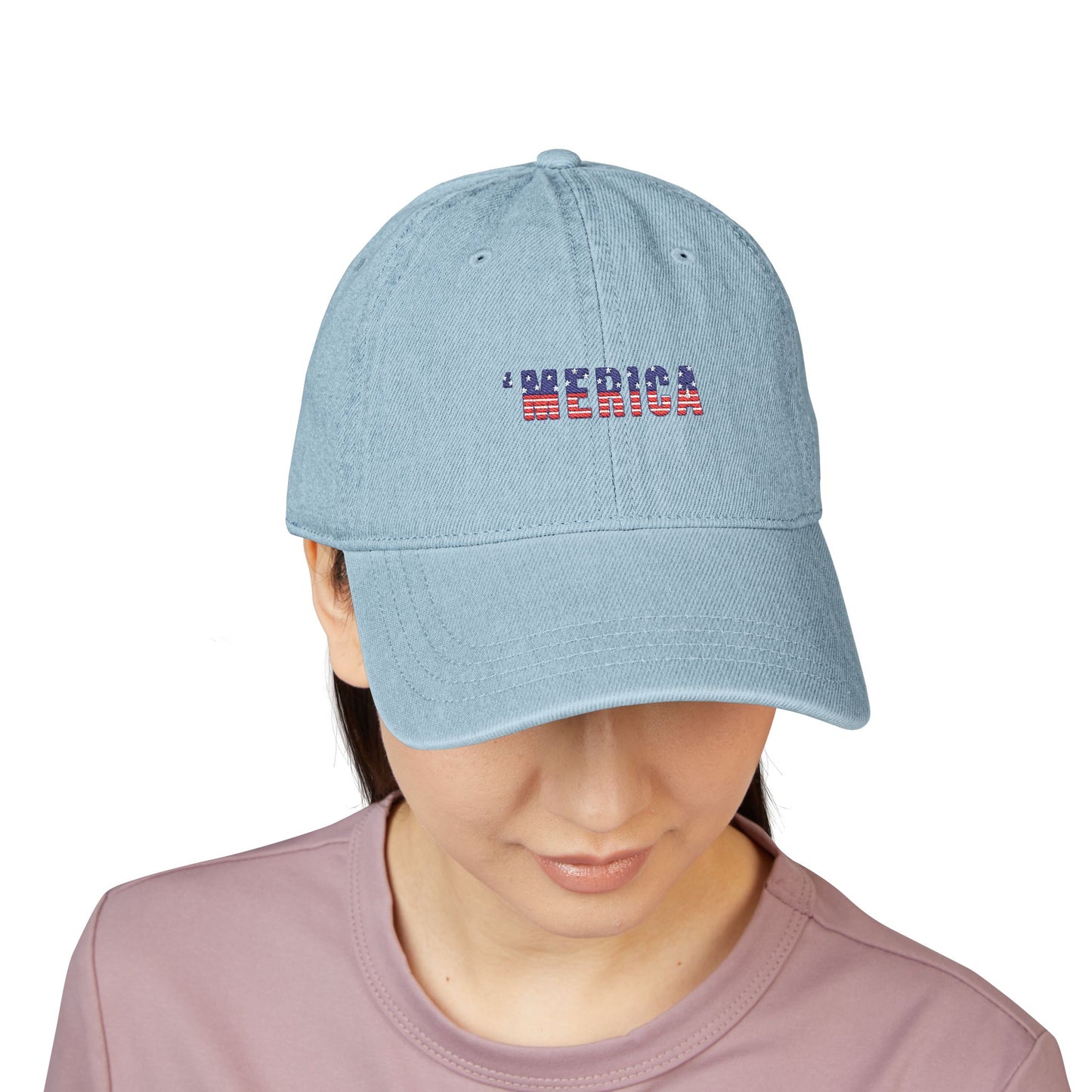 Embroidered 'MERICA Flag Text Denim Hat — Patriotic Adjustable Baseball Cap