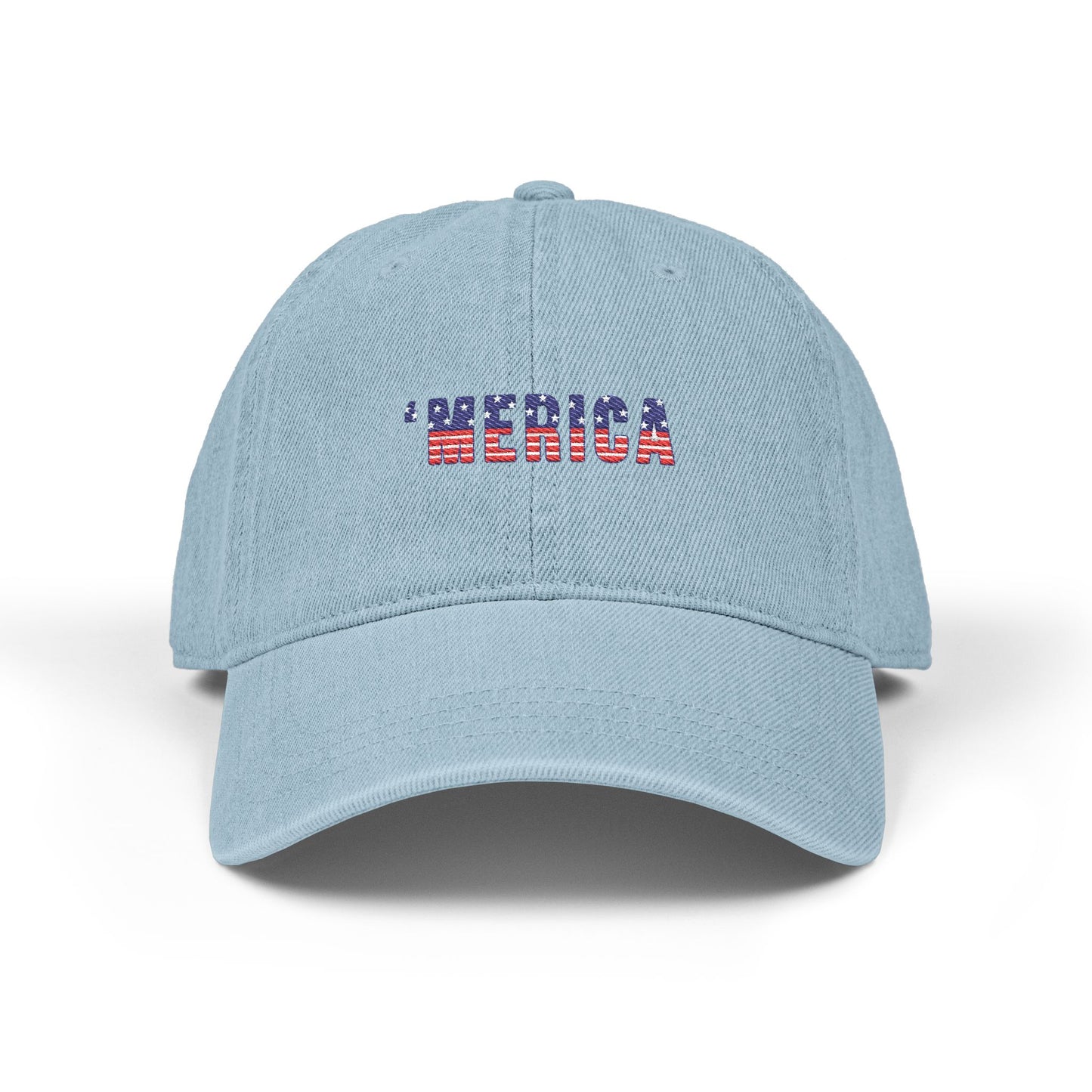 Embroidered 'MERICA Flag Text Denim Hat — Patriotic Adjustable Baseball Cap