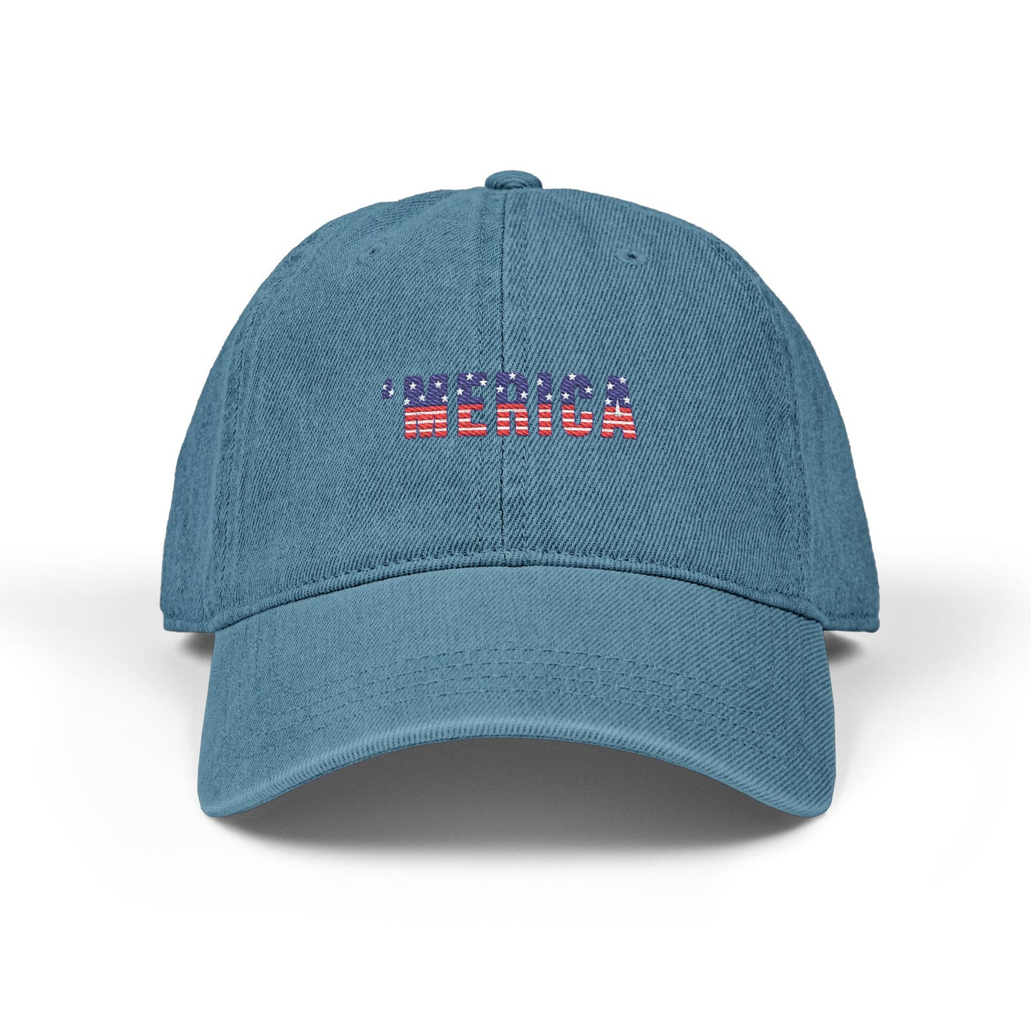 Embroidered 'MERICA Flag Text Denim Hat — Patriotic Adjustable Baseball Cap