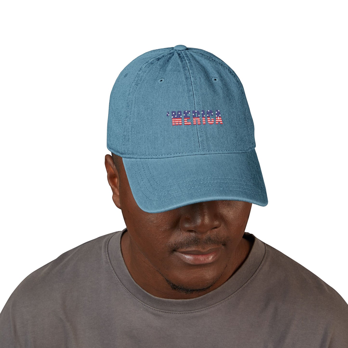 Embroidered 'MERICA Flag Text Denim Hat — Patriotic Adjustable Baseball Cap